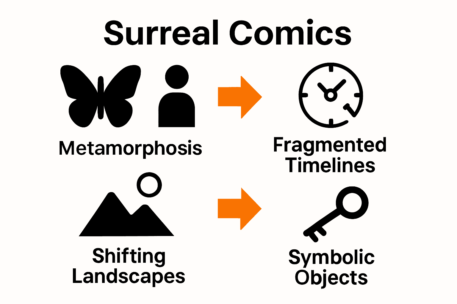 Infographic matching key surreal motifs with narrative techniques in comics.