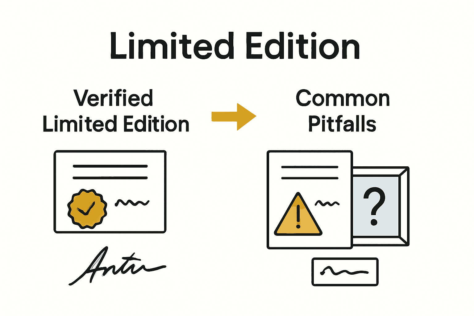 Infographic comparing genuine limited edition artwork authentication with common pitfalls and fake certification.
