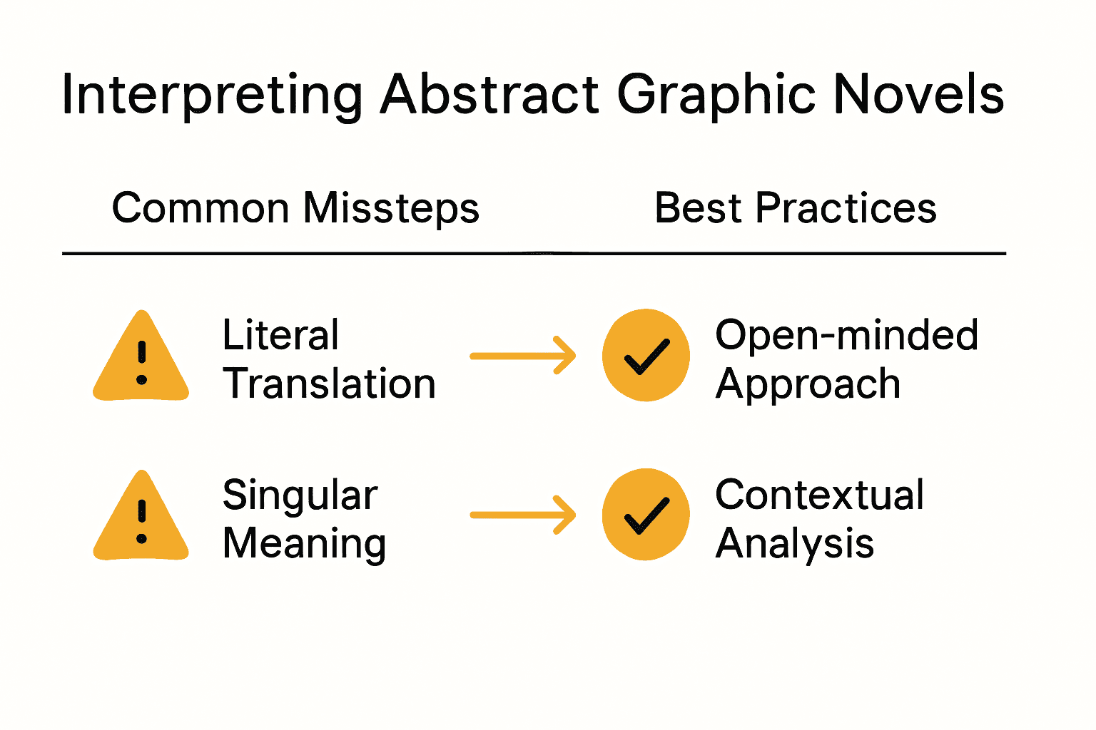Infographic showing errors and best practices for interpreting abstract graphic novels