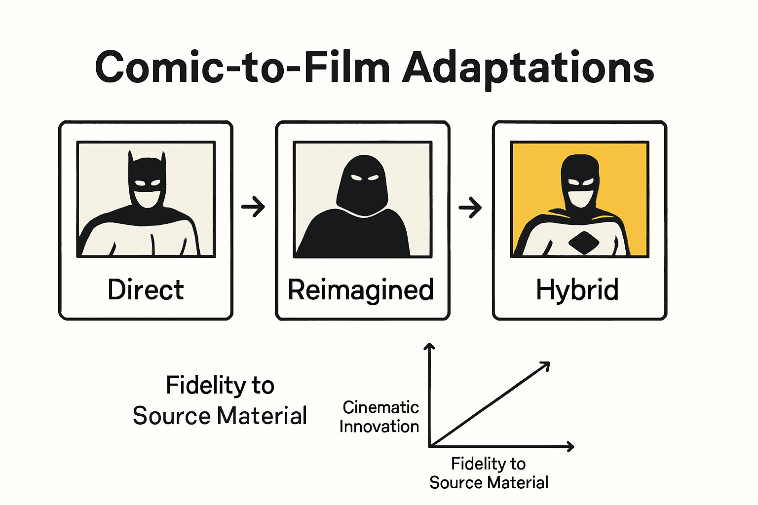 Infographic comparing types of comic-to-film adaptations using icons and degree-of-change arrows.