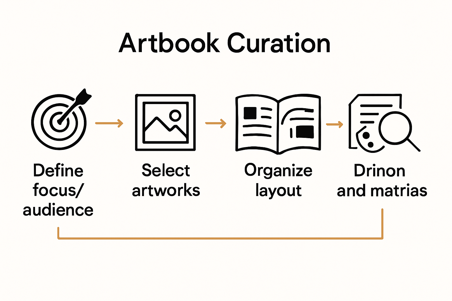 Infographic outlining the five-step artbook curation process with icons.