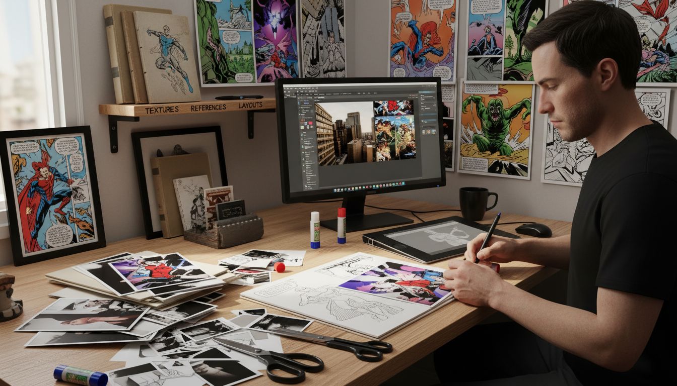Comic desk with collage and photography tools