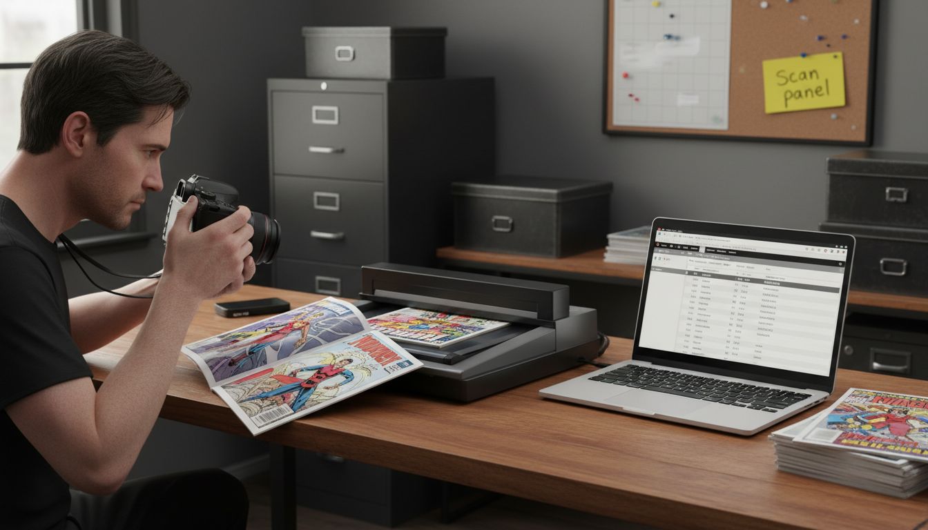 Digitizing comic books with scanner and laptop