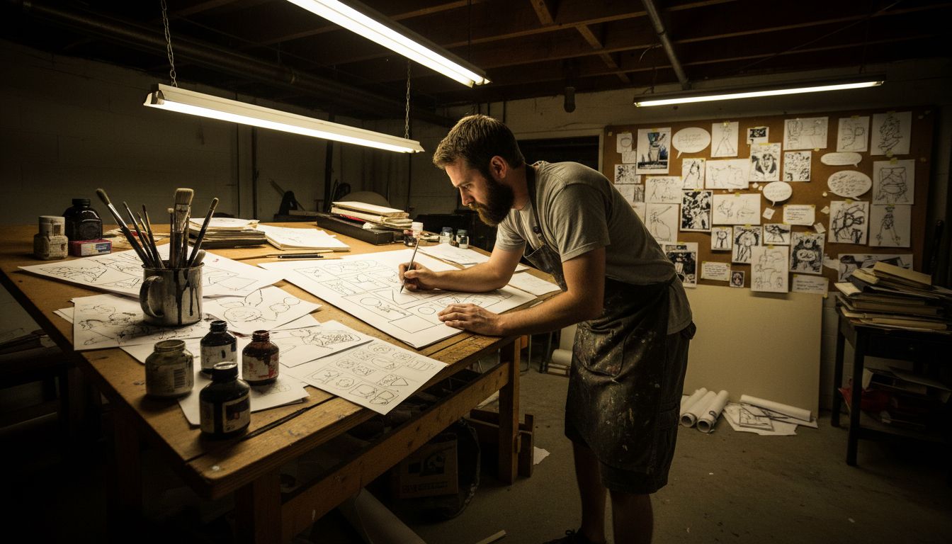 Artist sketching fragmented storyboard at table