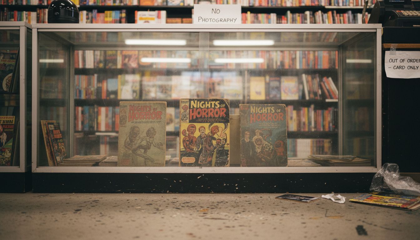 Display case of rare banned comics