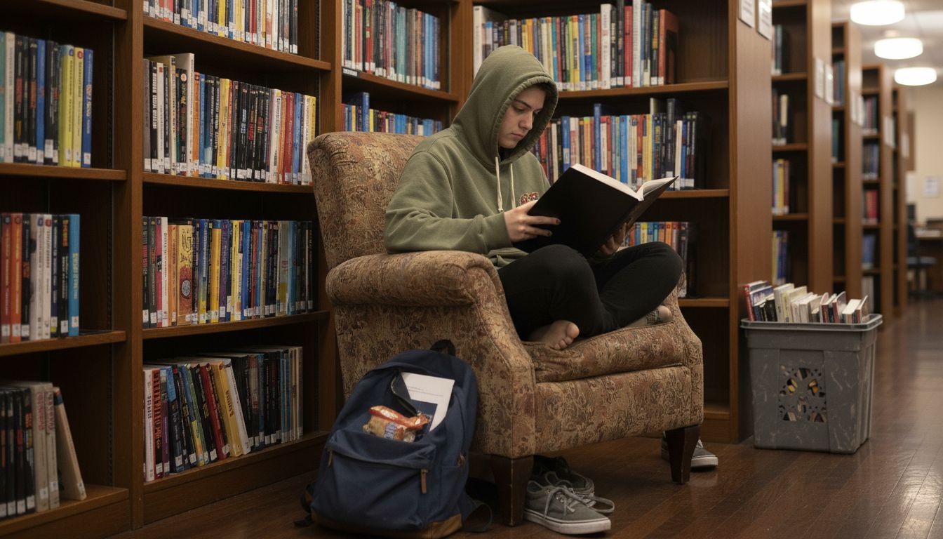 Student reading graphic novel in library