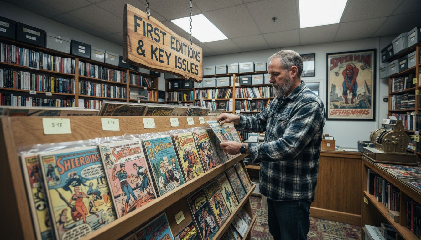 Shop owner displaying rare comics