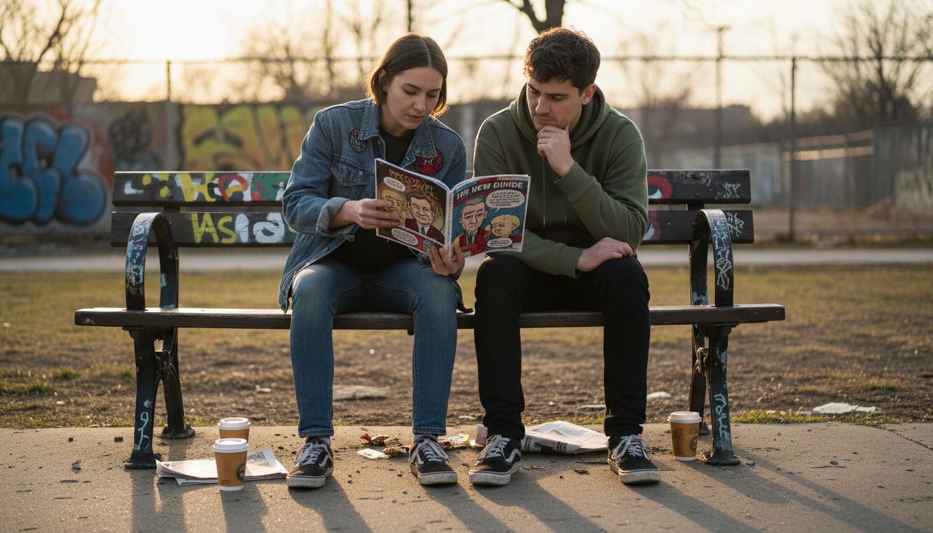 Friends discuss controversial political comic