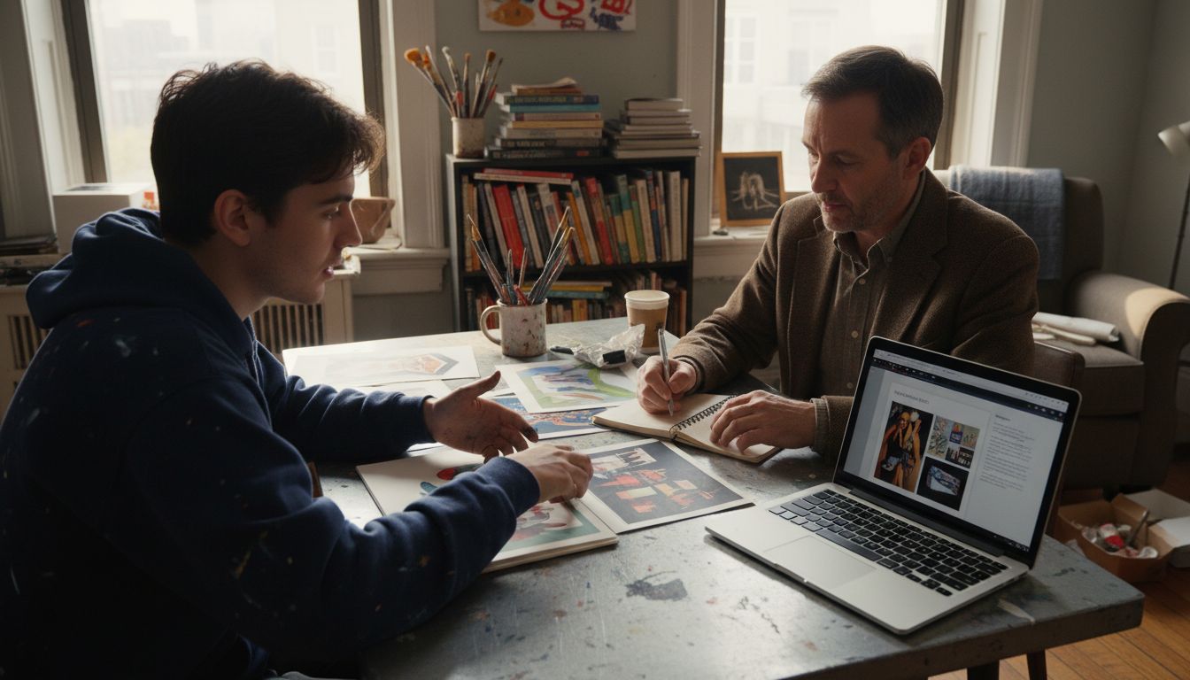 Artist and editor reviewing art prints together
