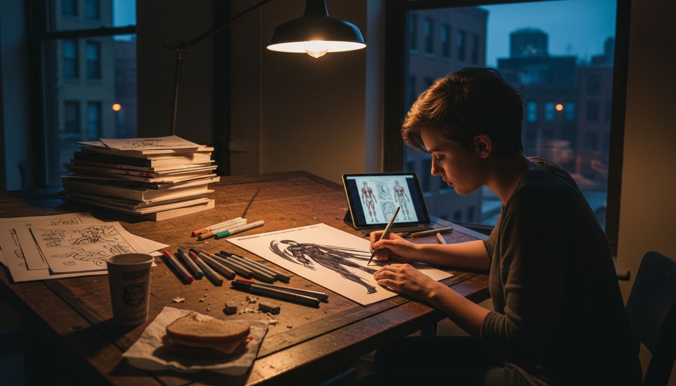 Comic artist drawing dark story at desk