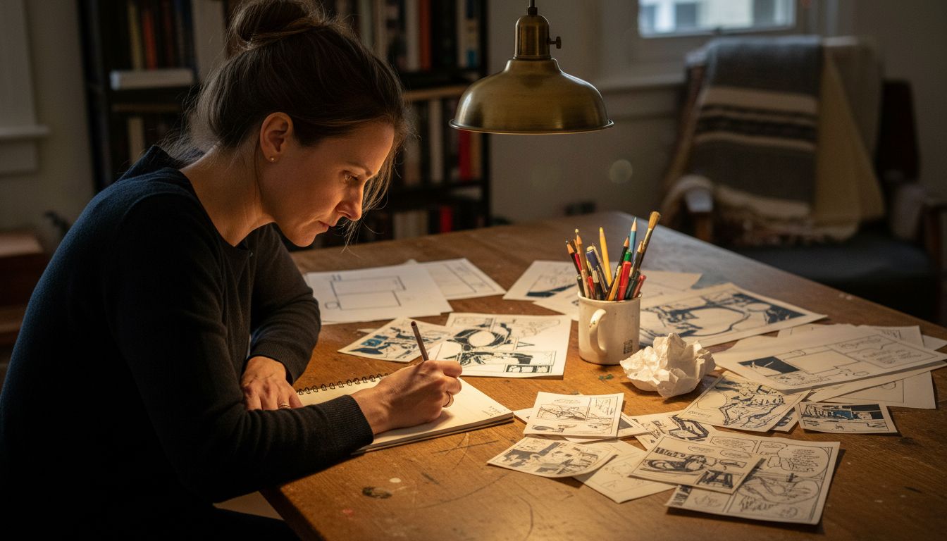 Artist annotating fragmented comic panels