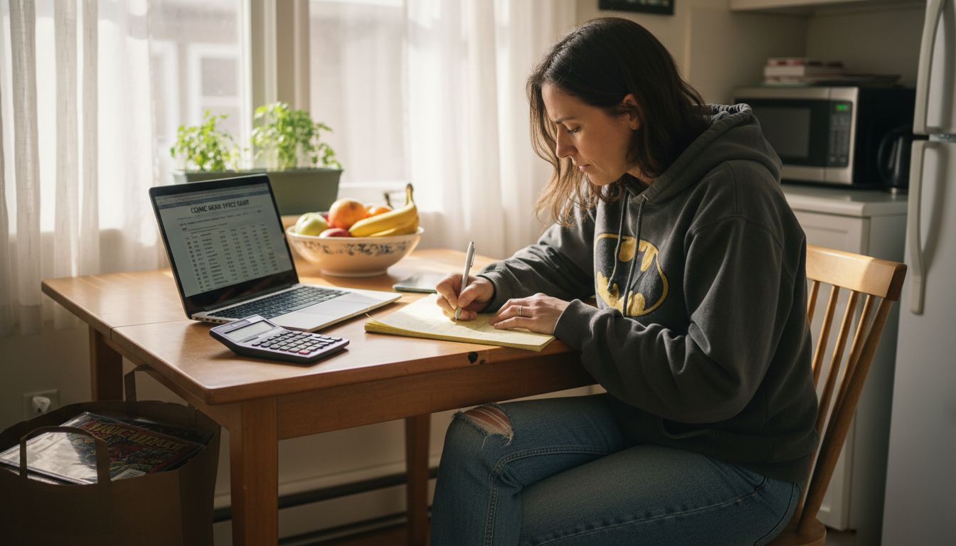 Woman planning comic collection budget