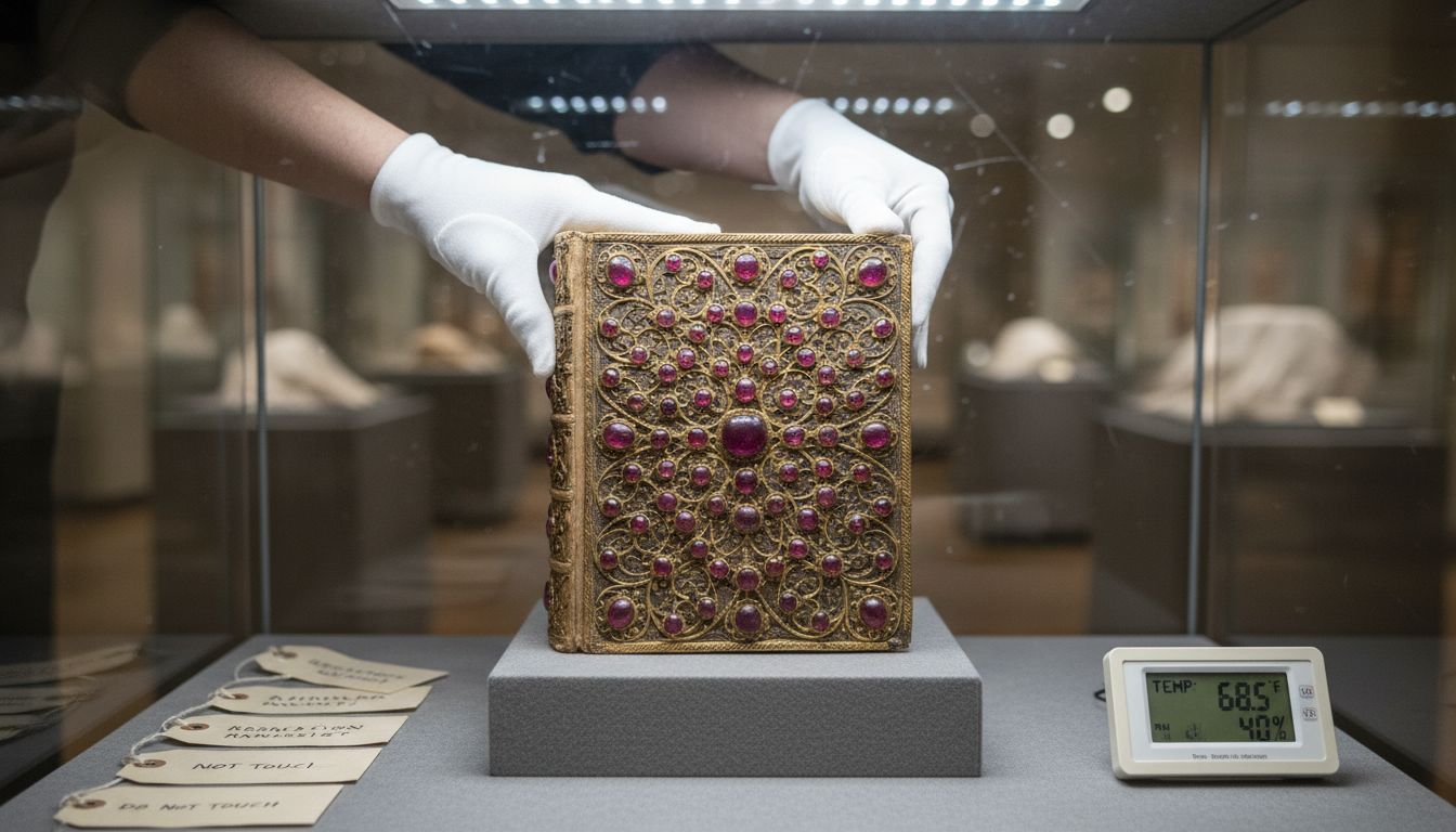Archivist handling jewel-encrusted rare art book