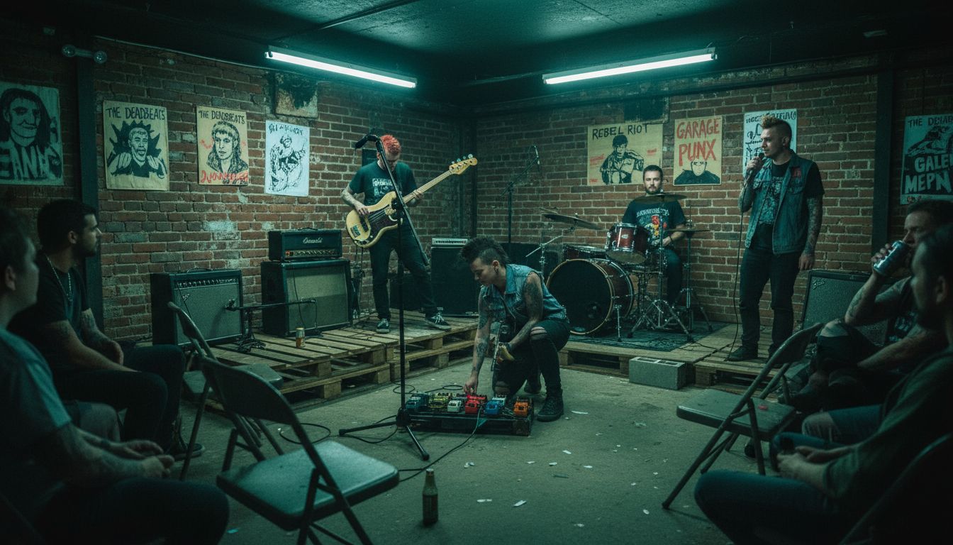 Punk band preparing in basement club