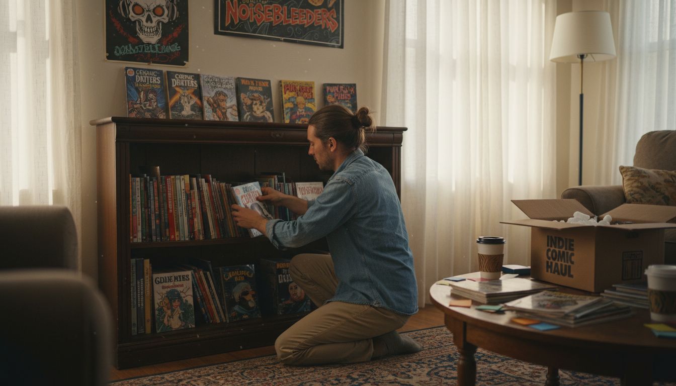 Collector organizing indie comics shelf