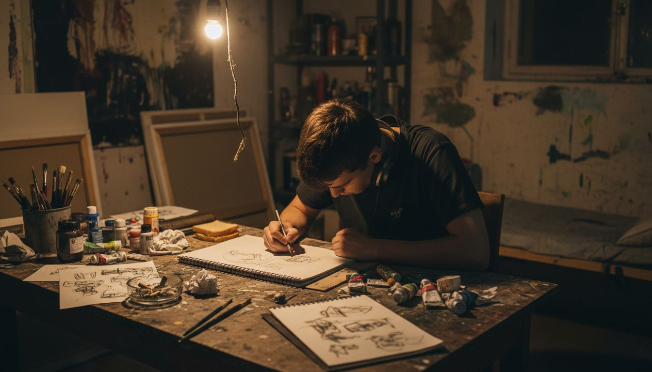 Artist sketching dark art themes in studio