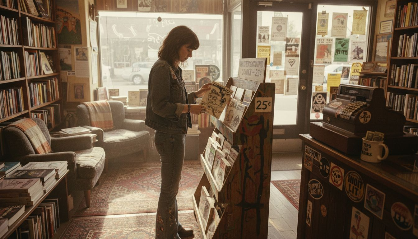 Browsing comics in 1970s bookstore