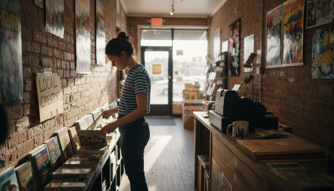 Browsing indie comics in local comic shop