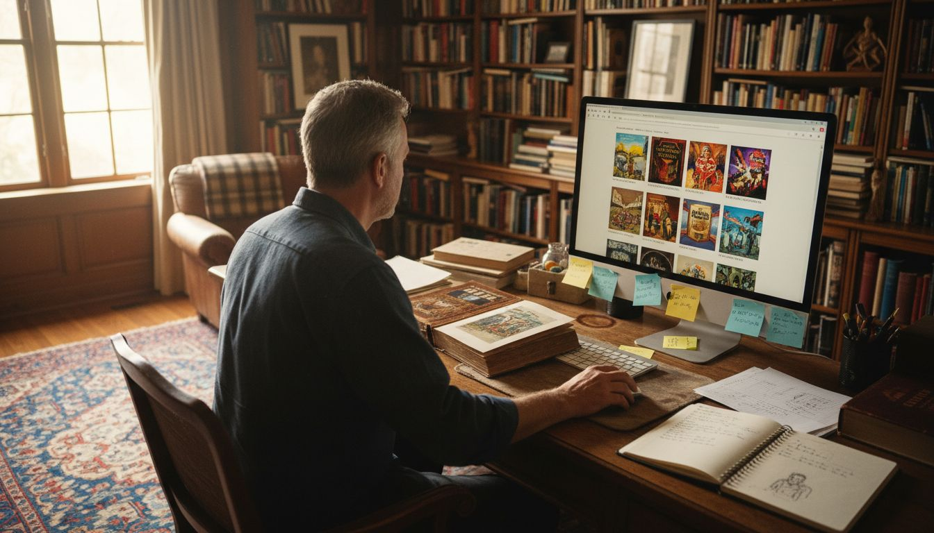 Browsing rare artbook archives study scene