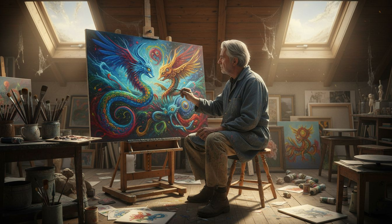 Artist creating visionary art in attic studio