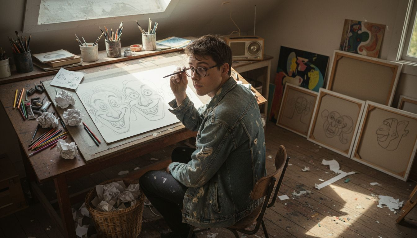 Artist creating grotesque style illustration