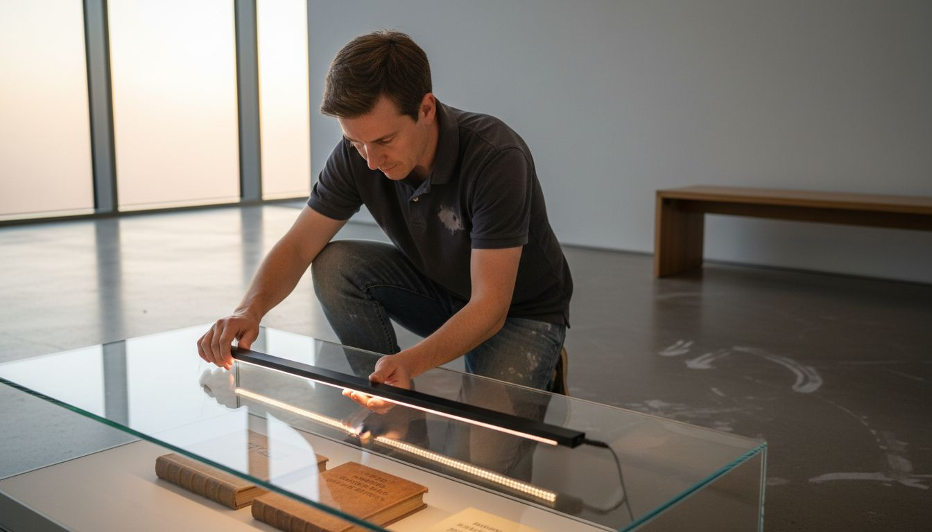 Technician adjusting lighting for rare artbooks