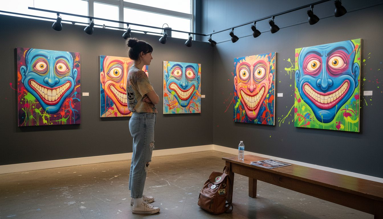 Viewer observing pop surrealist paintings