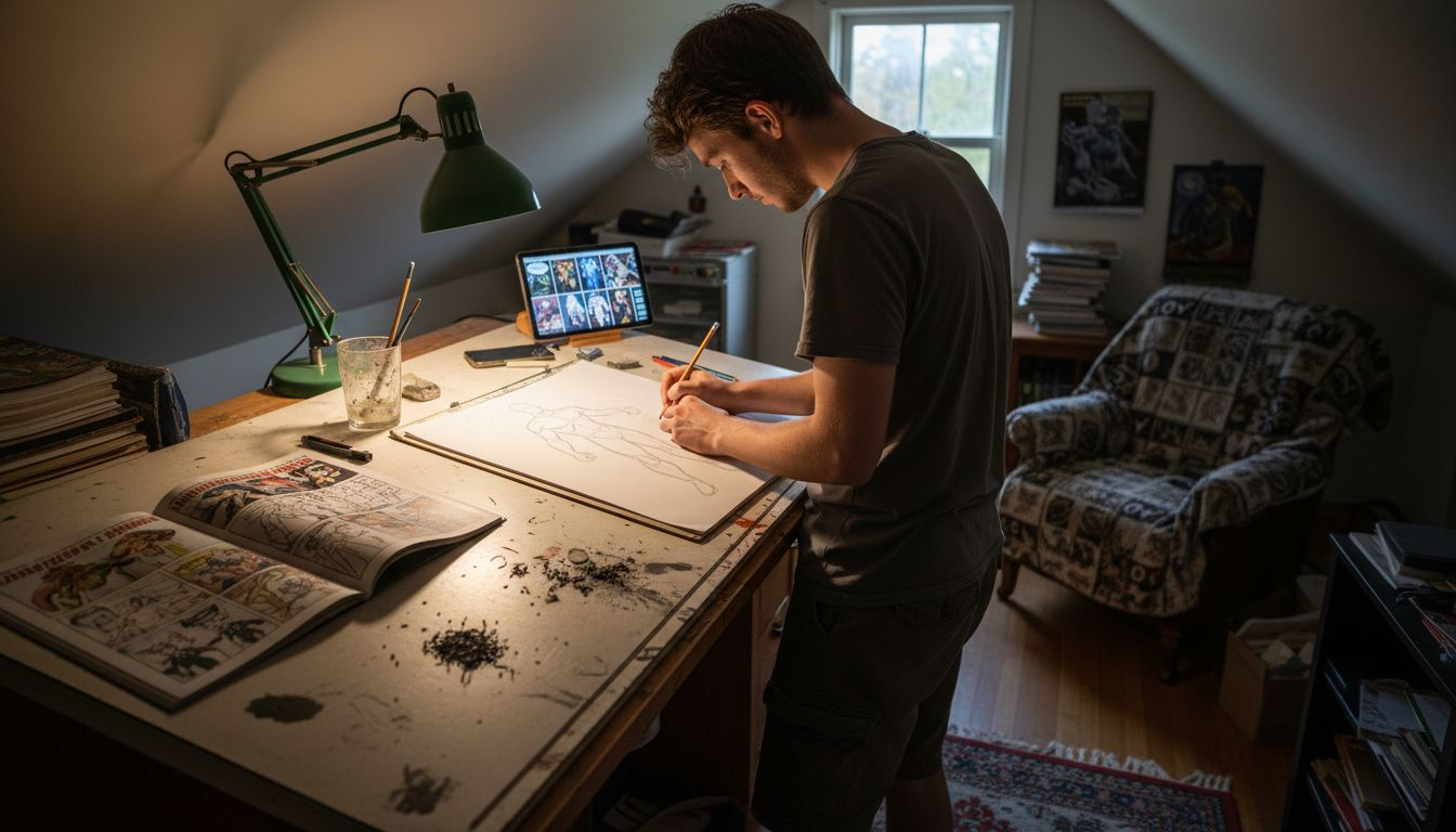 Artist drawing comic panel layouts