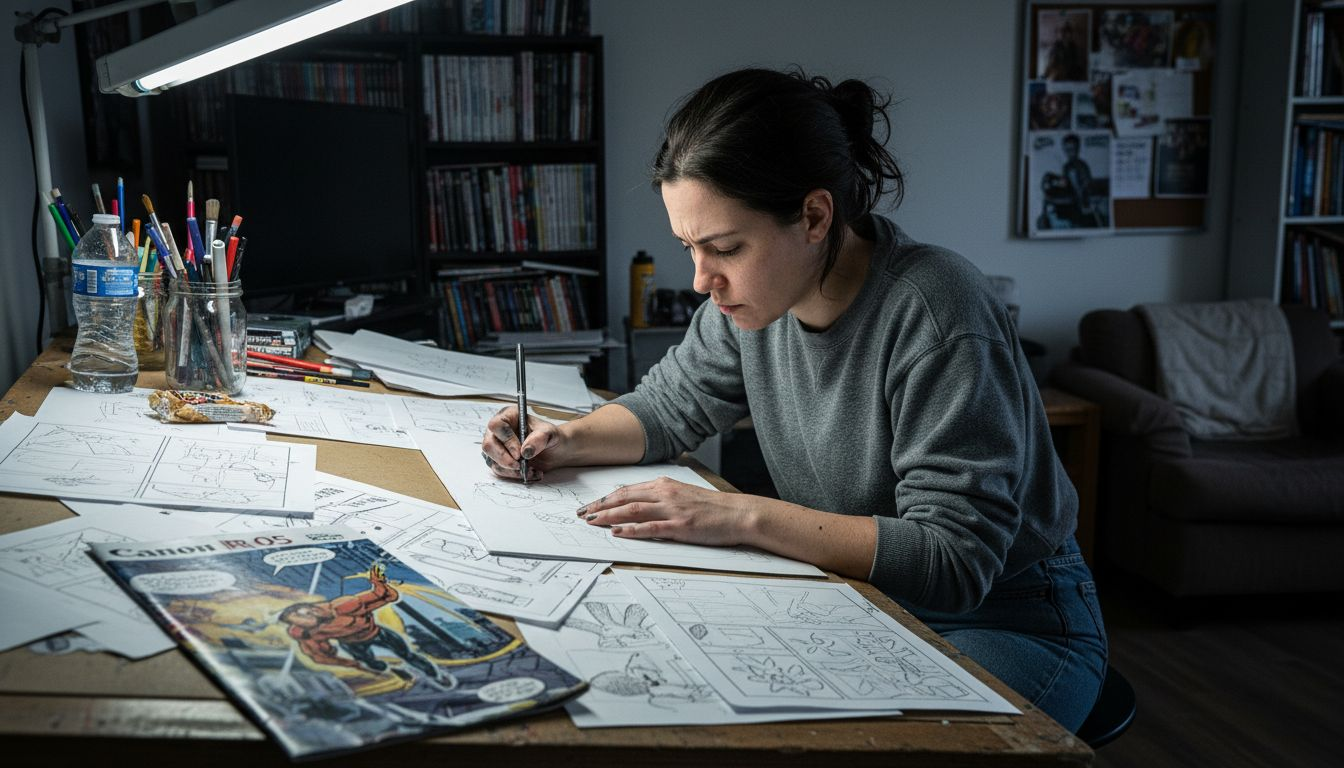 Artist sketching comic panels in studio