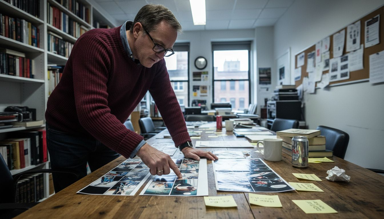 Editor reviewing storyboard panels on table