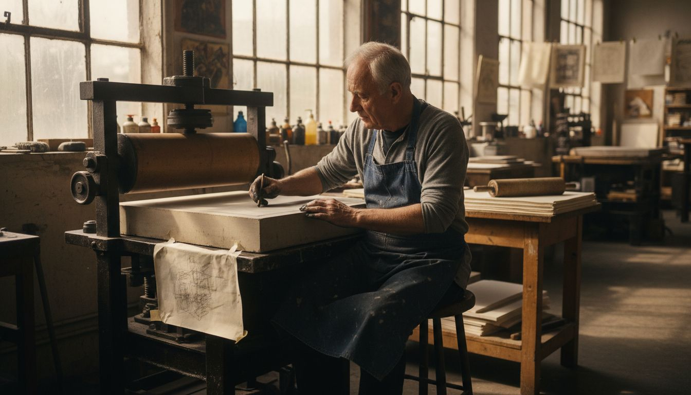 Printmaker working on stone lithography technique