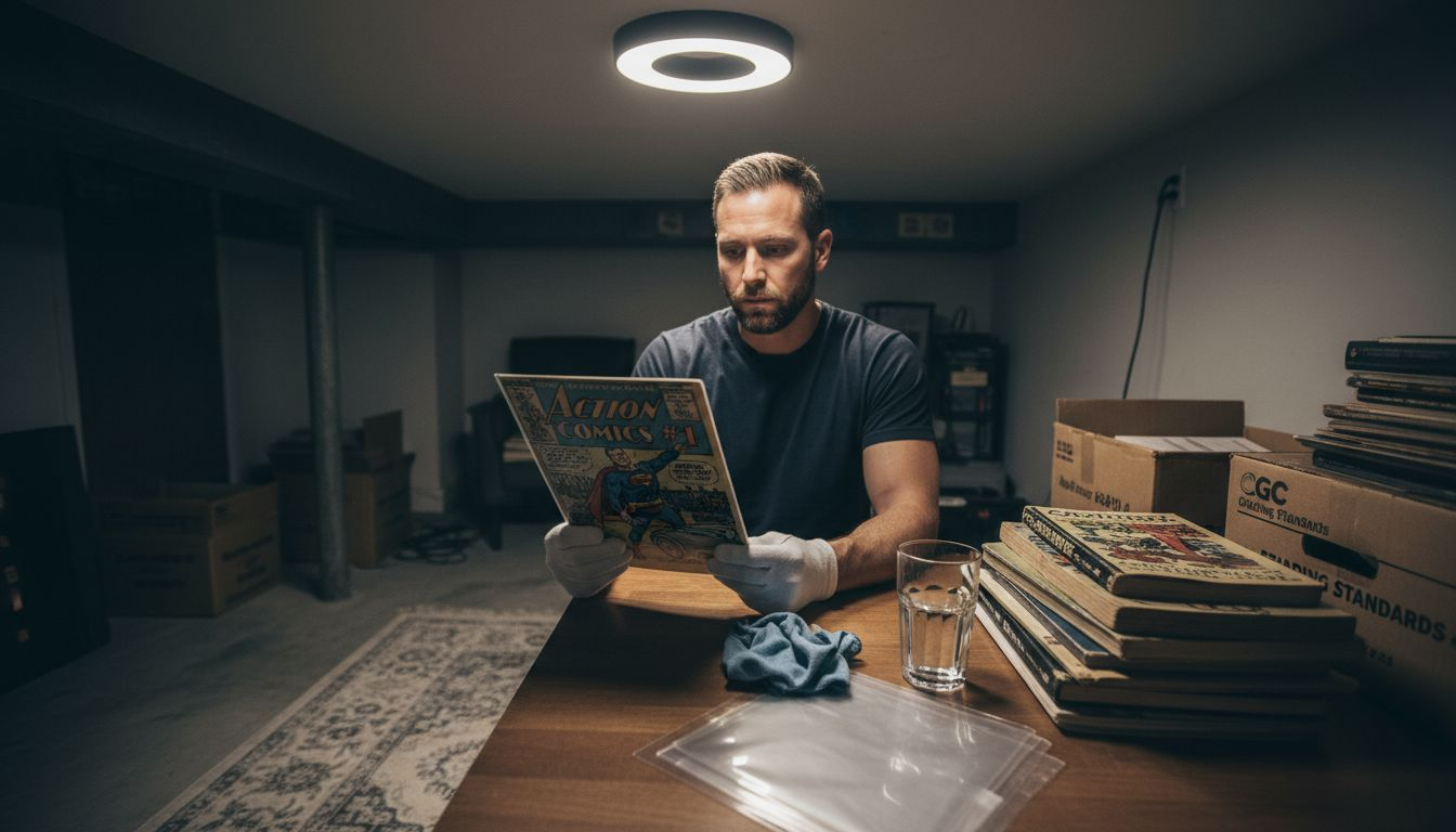 Person using gloves for safe comic handling