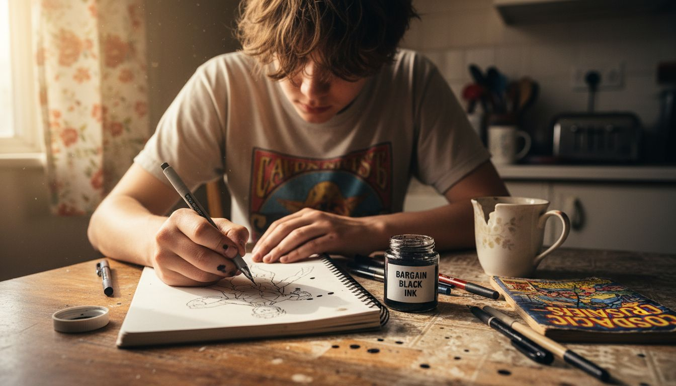 Young artist practicing comic inking at kitchen table