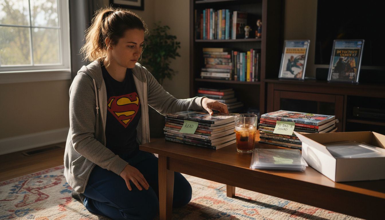 Collector sorting comics and graphic novels