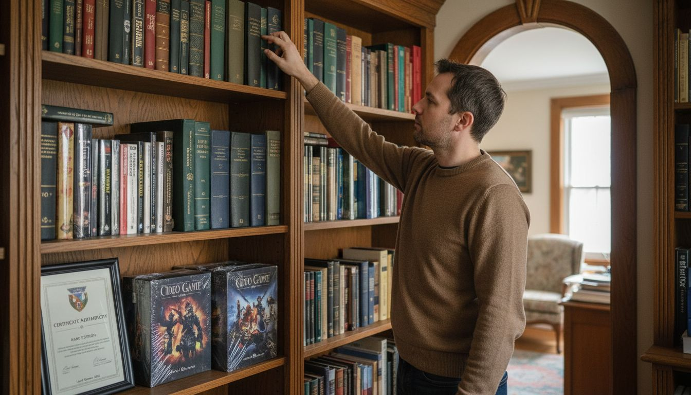 Collector scanning video game book filled shelf