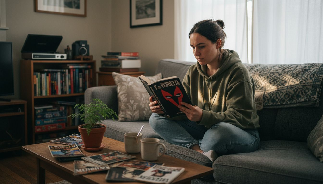 Woman reading V for Vendetta graphic novel