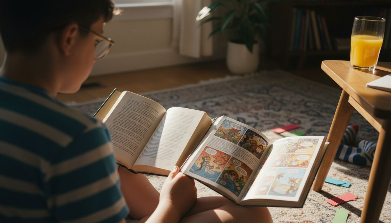 Student comparing book and graphic novel