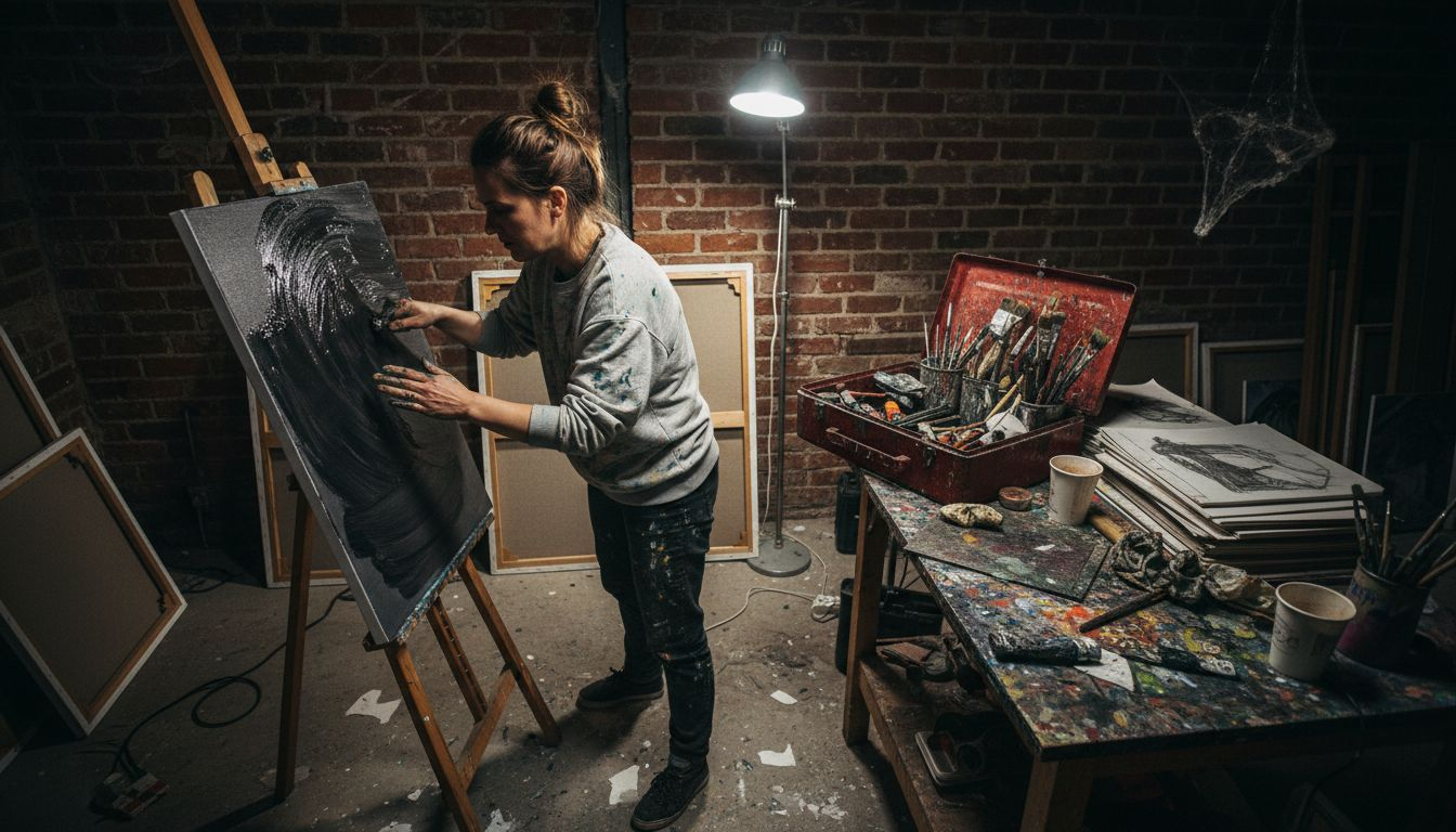 Artist working intensely in cluttered studio