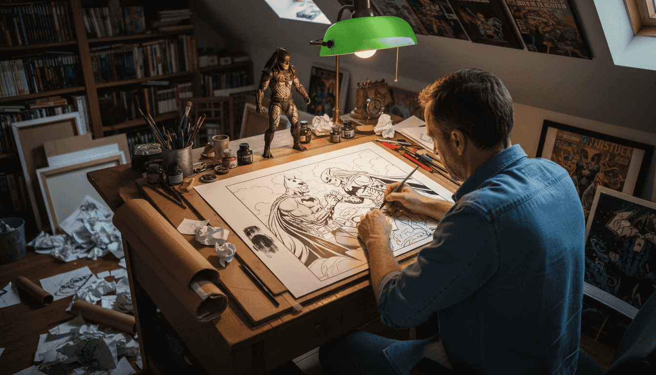 Artist inking Batman vs Predator page