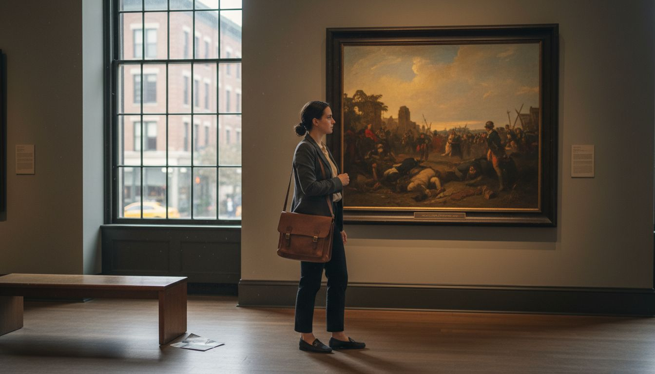 Viewer analyzing dark realism painting in museum