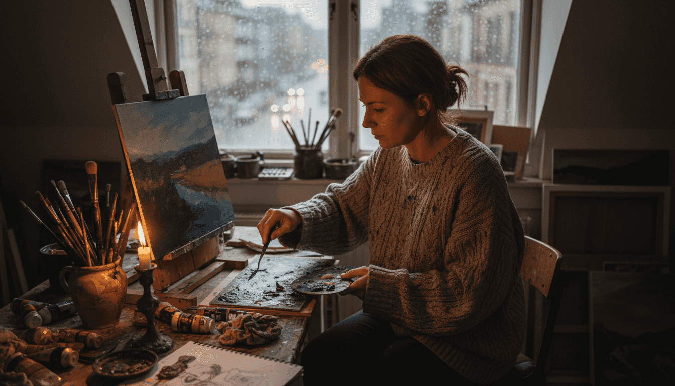 Artist painting moody impressionist scene