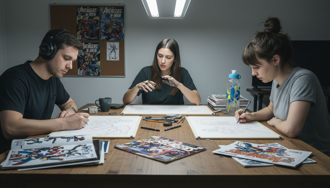 Artists sketch Avengers X-Men comic scenes