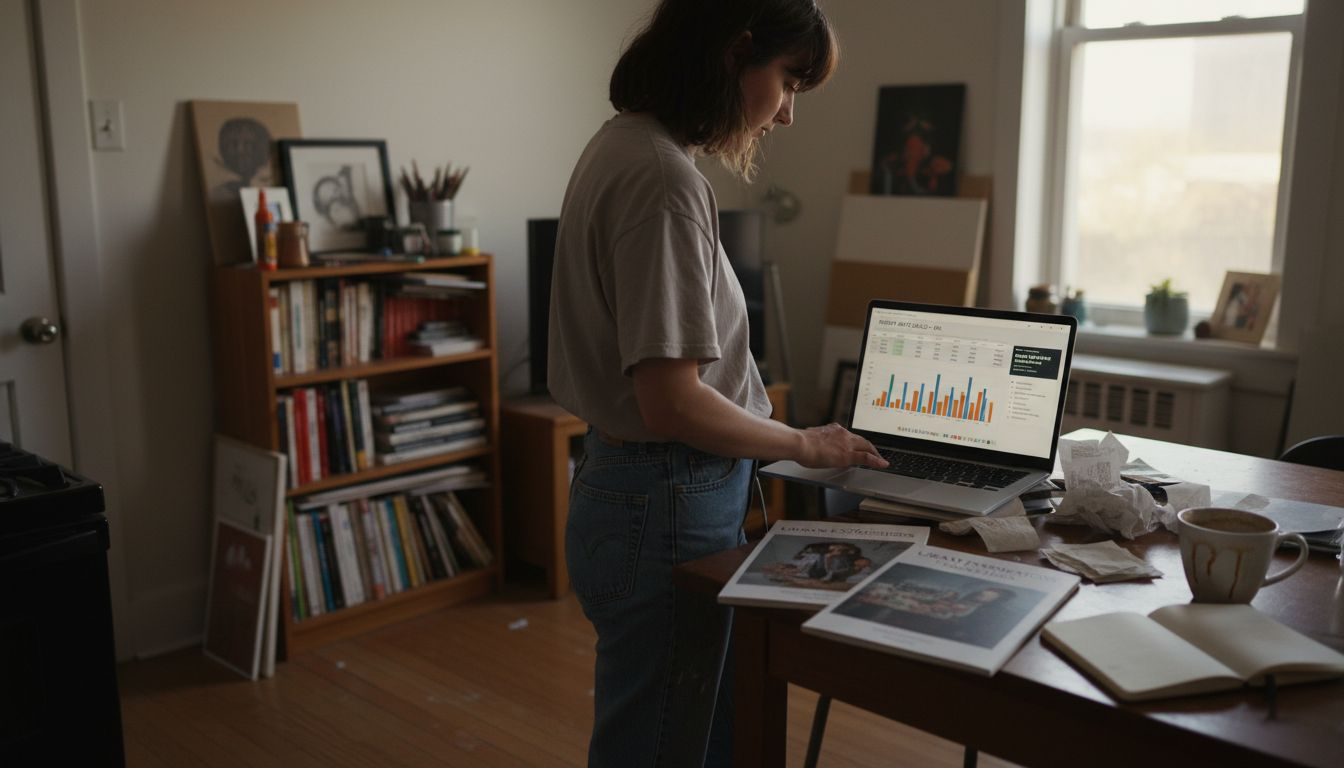 Artist researching art market sales data