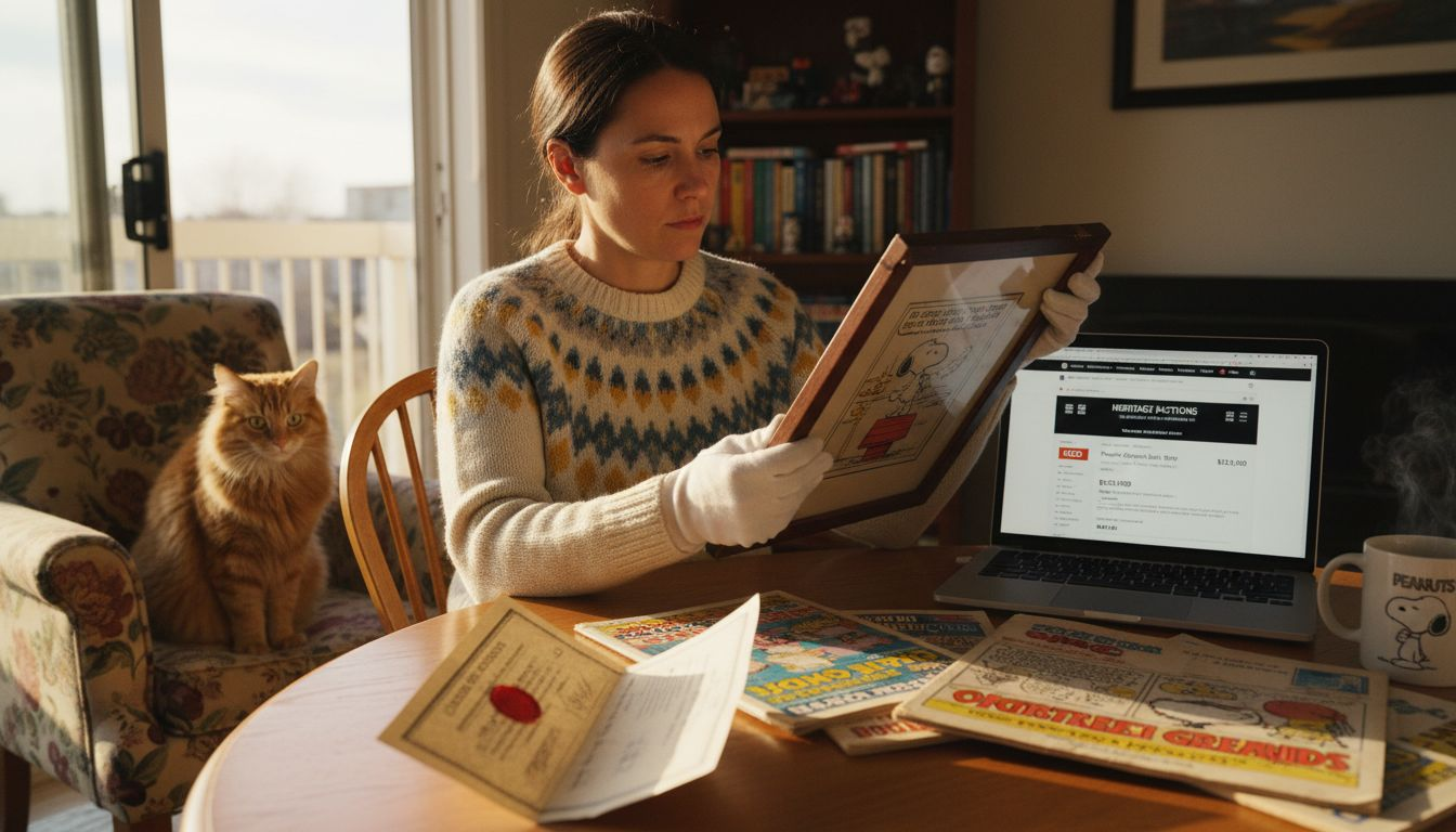 Collector grading Peanuts comic strip