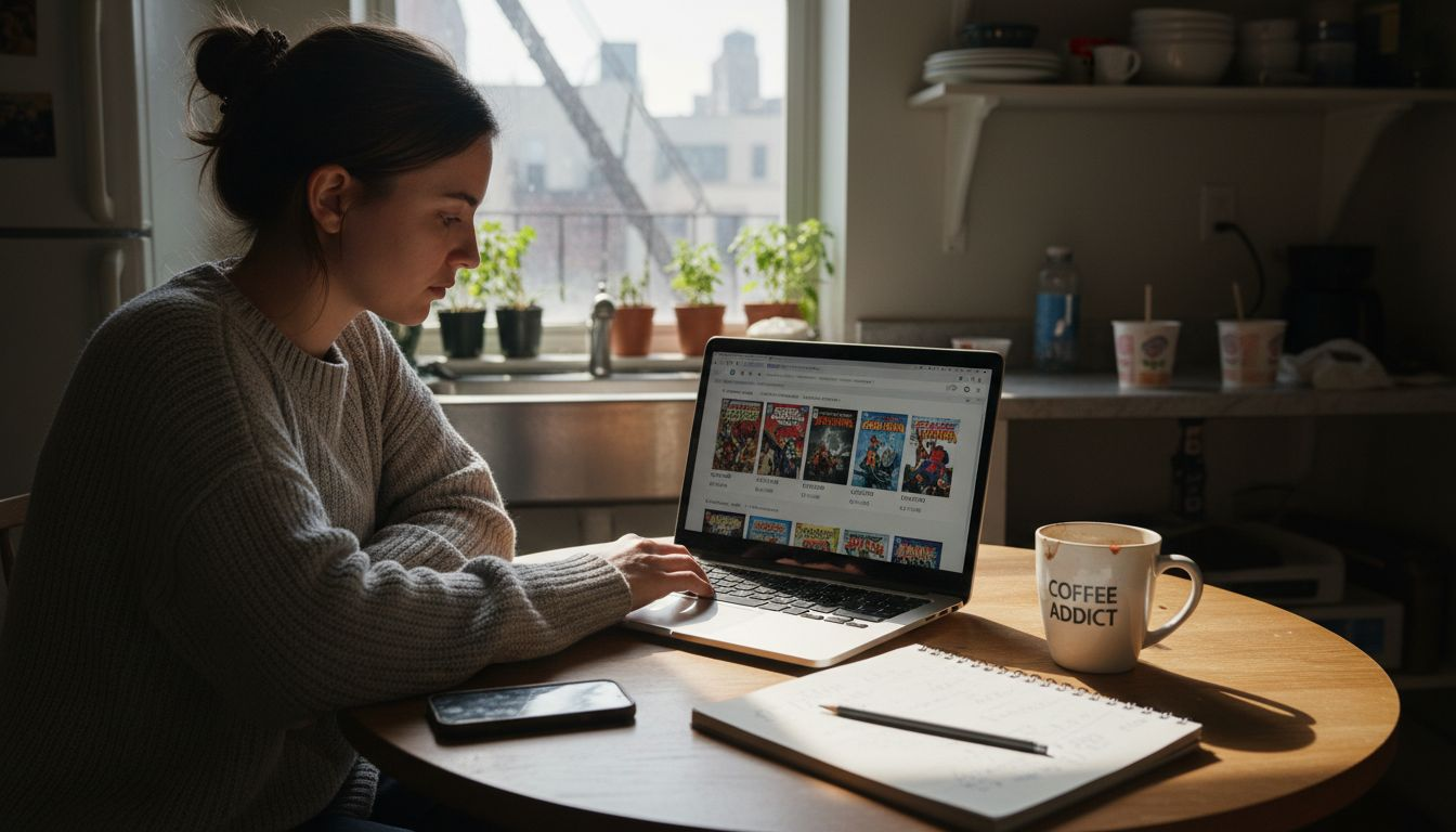 Woman searching rare graphic novels online