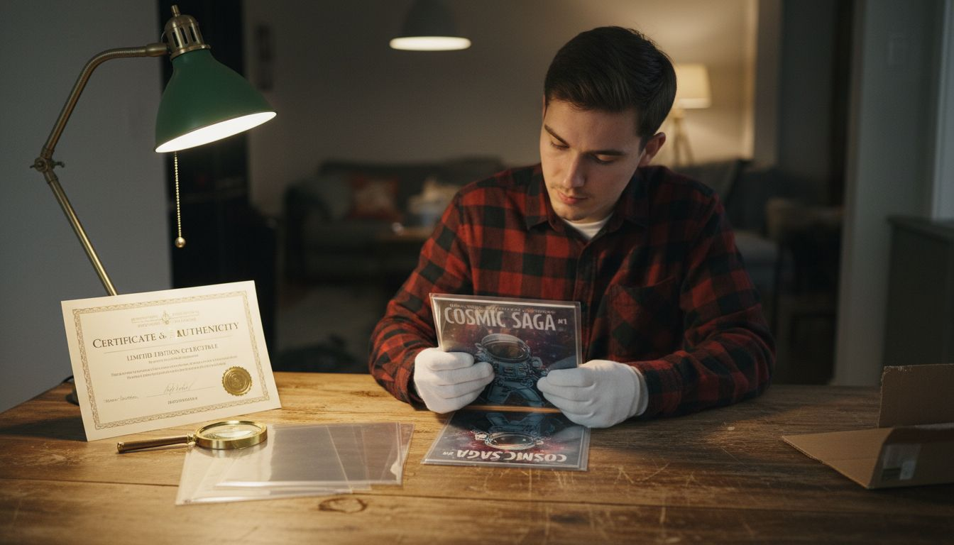 Collector verifying comic certificate at desk