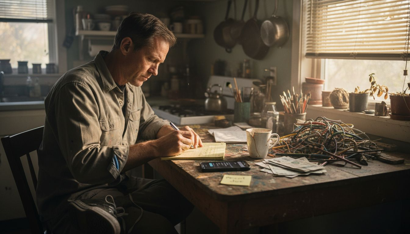 Artist managing finances in cluttered kitchen