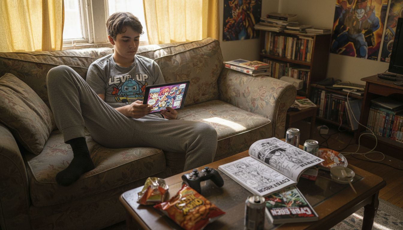 Teen with manhwa tablet, manga print side by side