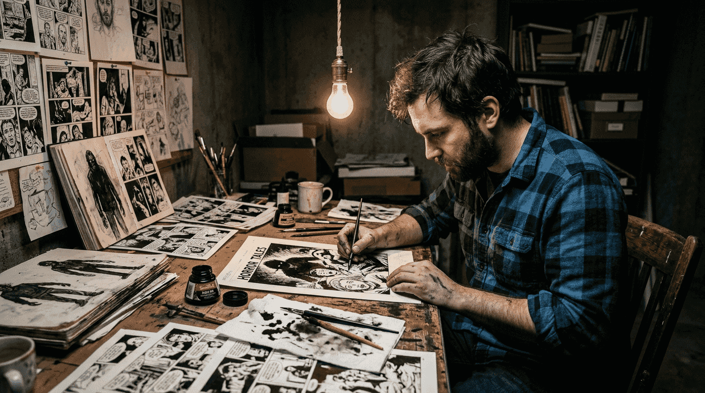 Comic artist sketching horror comic art