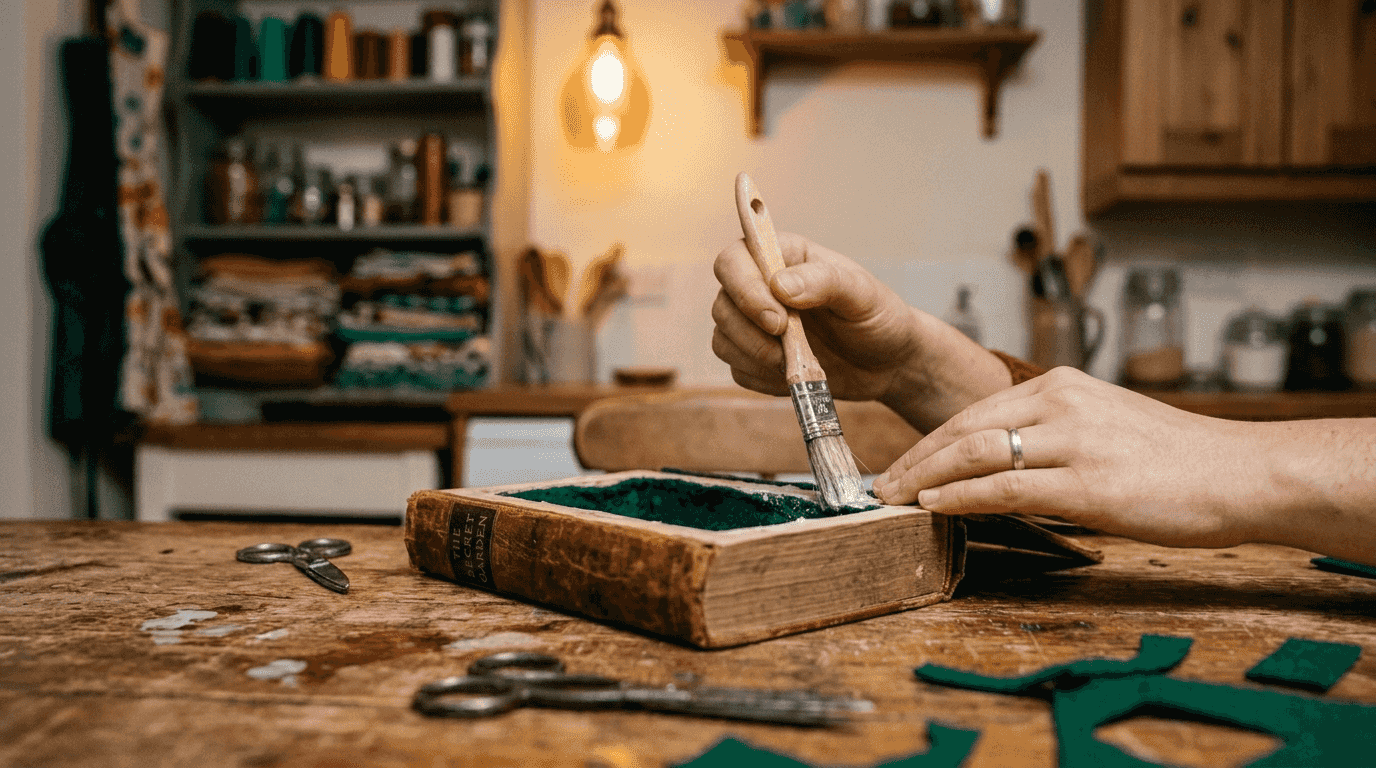 Lining hollowed book with felt close-up